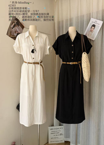 French Style Collared Short Sleeve Shirt Dress A-Line Midi Dress with Woven Belt Included White Black Khaki