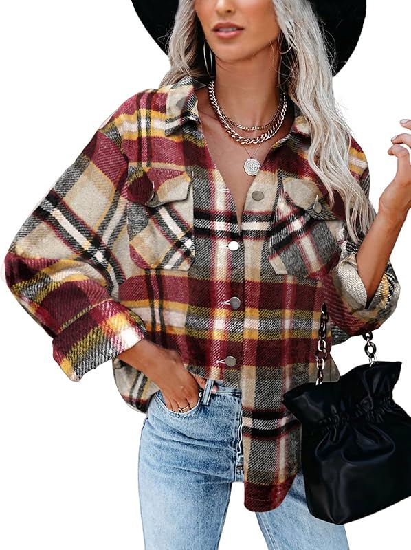 BTFBM Women Shacket Jacket Long Sleeve Button Down Casual Plaid Flannel Shirts Loose Fall Spring Blouses Tops