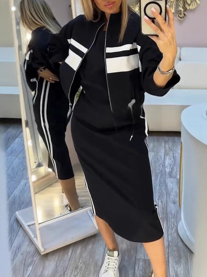 Olive Green Two Piece Skirt Set for Women – Casual Chic Midi Dress with Zip-Up Long Sleeve Jacket