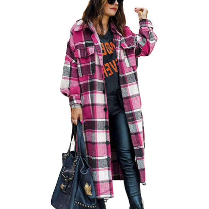 Women's Casual Wool Blend Long Plaid Shirt Jacket Button Down Pocketed Shirt Shacket