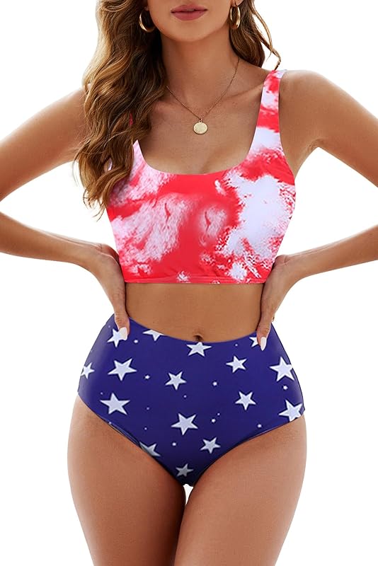 Womens High Waisted Bikini Color Block Swimwear Bandeau Top Sports Style Scoop Crop Swimsuit 2 Piece Bathing Suits - Seldom Seen Styles