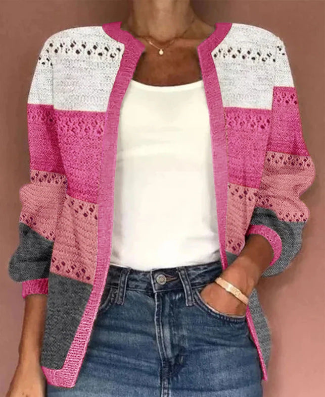 New Cross-Border Knitting Hot Sale2023Autumn and Winter European and American Amazon wishHot Selling Women's Wear Color Matching Hollow out Cardigan