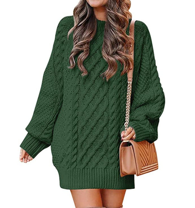 European and American Women's Clothing round Neck Long Sleeve Large Profile Twisted Knitted Thick Needle Pullover Mid-Length Warm Sweater for Women Dress