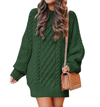 Women's Clothing round Neck Long Sleeve Large Profile Twisted Knitted Thick Needle Pullover Mid-Length Warm Sweater for Women Dress