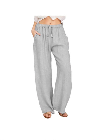 Women's Casual Wide Leg Elastic Waist Loose Lightweight Summer Linen Beach Pants Drawstring
