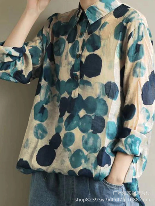 Lapel Autumn Baggy Coat Wardrobe Blue with Dots Shirt