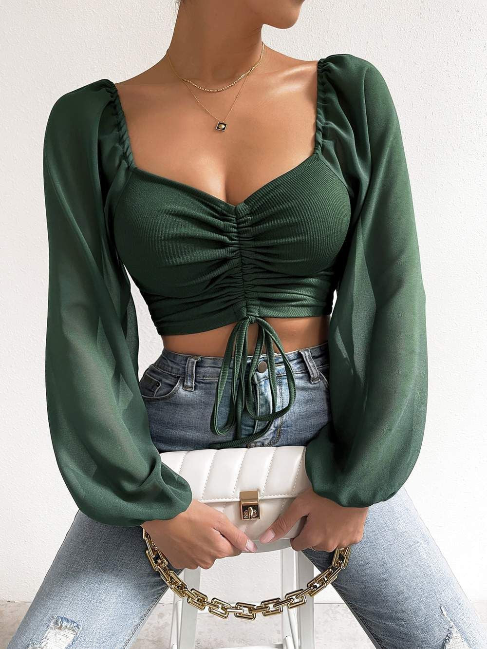 2024Amazon AliExpress Summer NewVCollar Chiffon Drawstring Lantern Sleeve Skinny Fashion Sexy Shirt Top