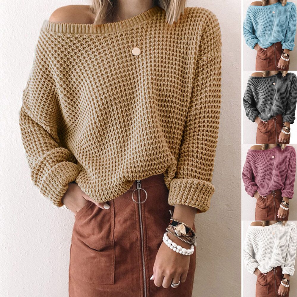 2023European and American New Sweater Women's Solid Color Loose Diagonal Collar Long-Sleeved Knitted Top Amazon Autumn and Winter Sweater