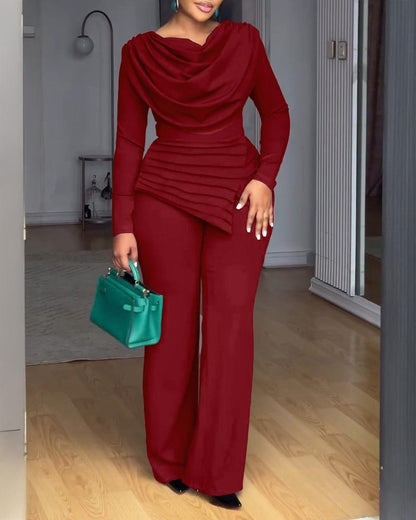 Cowl Neck Asymmetrical Patchwork Ruched Jumpsuit Casual Cinched Waist Zipper Back Straight Leg Jumpsuit