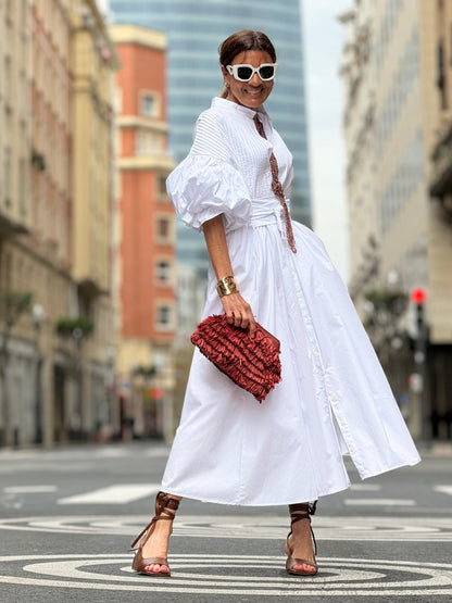 Women's White Maxi Dress Button Up Puff Sleeve Loose Fit Casual Summer Shirt Dress