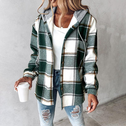 Women's Plaid / Houndstooth Print Button Front Hooded Coat, Casual Longsleeves Pocket Coat for Fall & Winter, Ladies Outerwear for Daily Wear, Womenswear