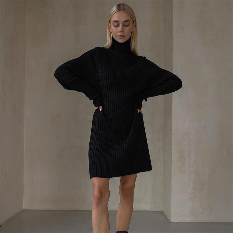 Long Sleeve High Collar Sweater Dress Women Casual Loose Thick Sunken Stripe Solid Color Sheath 2023 Autumn and Winter Knitting Dress