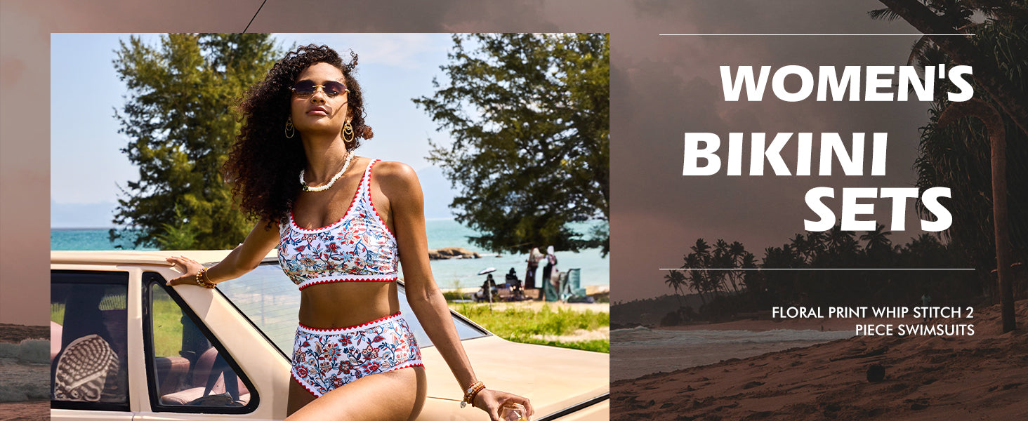 Women's Bikini Sets Floral Print Whip Stitch 2 Piece Swimsuits High Waisted Scoop Bathing Suits - Seldom Seen Styles