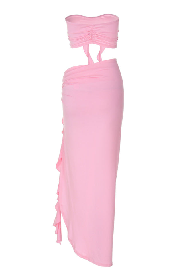 Arrietty Flower Draped Skirt SetWomen's Pink Cut Out Maxi Dress Flower Detail High Split Vacation Party Dress Set - Seldom Seen Styles