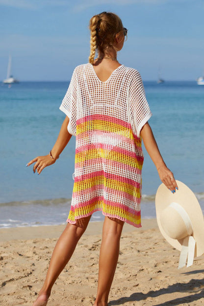 Rainbow Stripe Openwork Slit Cover Up