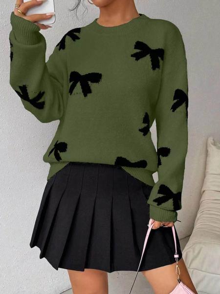 Fashion Bow Print Casual Basic Loose Knitted Sweater Pullover Autumn/Winter Women Pullovers New O-Neck Full Sleeve Knit Sweater, Knitwear - Seldom Seen Styles