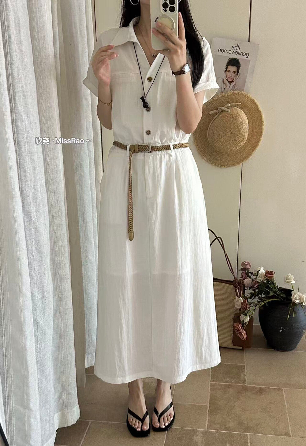 French Style Collared Short Sleeve Shirt Dress A-Line Midi Dress with Woven Belt Included White Black Khaki - Seldom Seen Styles