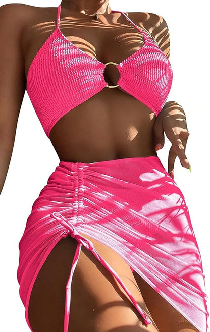 Women's 3 Piece Bathing Suits Halter Ring Bikini Set with Cover Up Skirts - Seldom Seen Styles