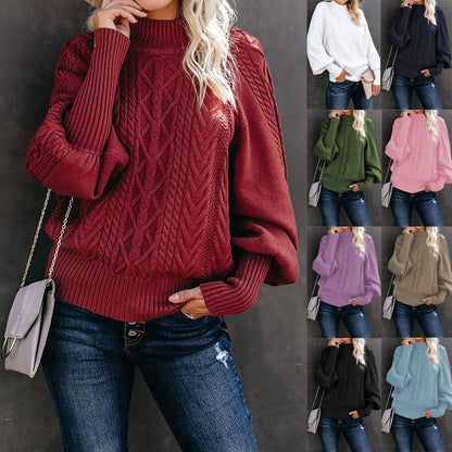 wish2023Winter New Mid-Neck Sweater Women's Amazon Foreign Trade Loose Long-Sleeved Knitted Solid Color Sweater