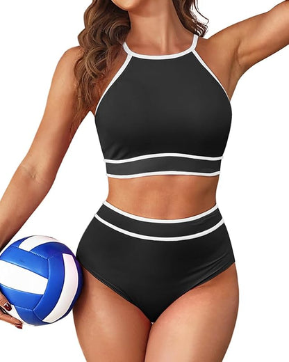 Women's High Waisted Bikini Sets Sporty Two Piece Swimsuit Color Block High Neck Bathing Suit - Seldom Seen Styles