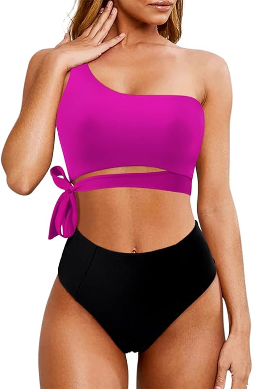 Women One Shoulder High Waisted Bikini Tie High Cut Two Piece Swimsuits - Seldom Seen Styles