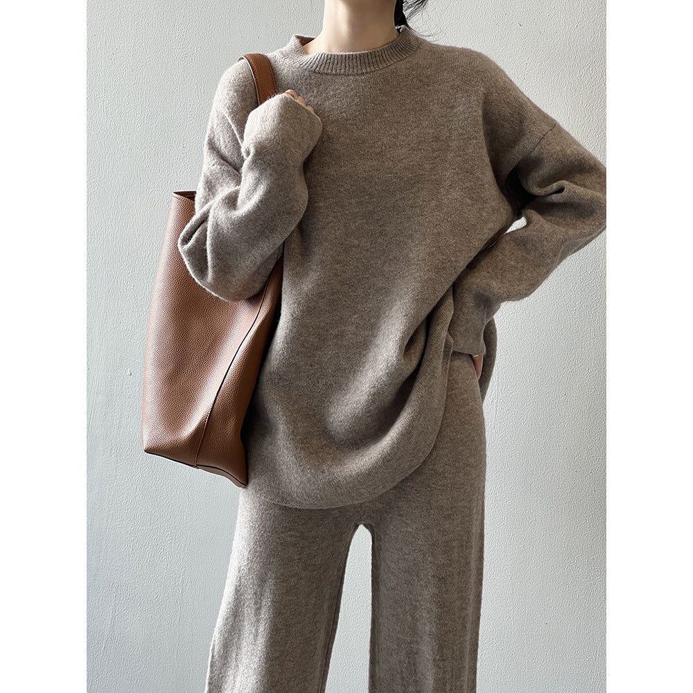 【Plus Size】 Two-Piece Set Solid Mock Neck Drop Shoulder Split Hem Sweater & Straight Leg Pants