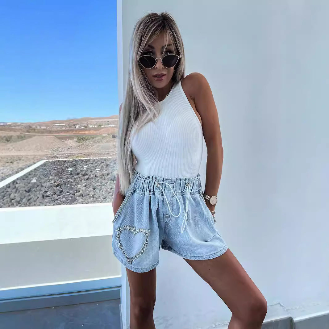 23New Summer Europe and America Cross Border Fashion Casual Heavy Industry Rhinestone All-Matching Denim Shorts Women3268