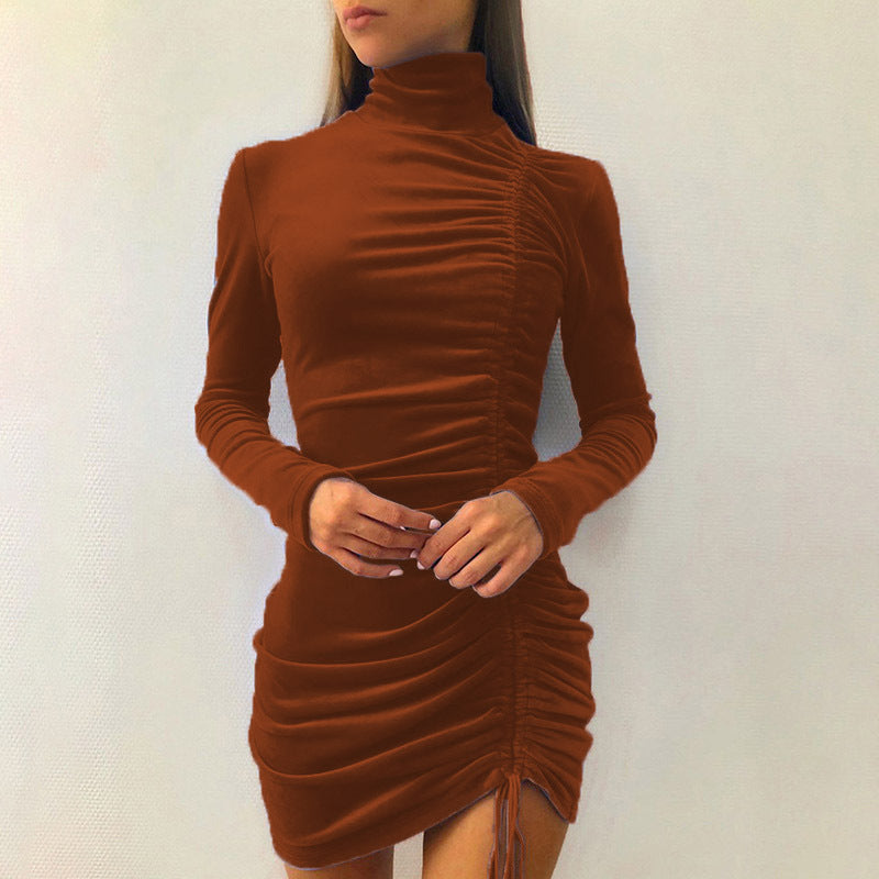 Suede Drawstring Turtleneck Dress Women's Fall Winter Fashion Long Sleeve Skinny Sheath Formal Dress