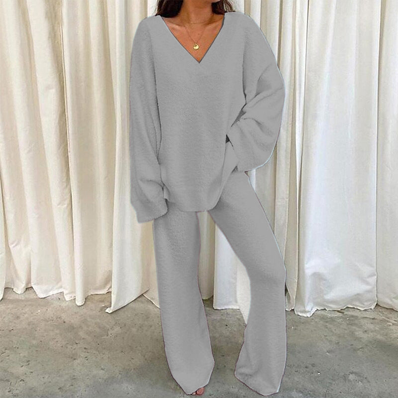 Women's Casual 2-Piece Lounge Set Soft Chunky V Neck Tops Wide Leg Long Pants Basic Tracksuit Lounge Wear Minimalist Womenswear - Seldom Seen Styles