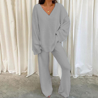 Women's Casual 2-Piece Lounge Set Soft Chunky V Neck Tops Wide Leg Long Pants Basic Tracksuit Lounge Wear Minimalist Womenswear
