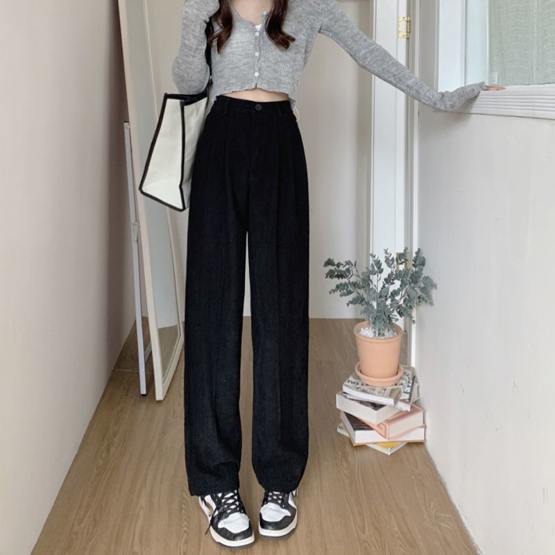 Corduroy Pants Wide Leg Women2023Autumn and Winter New High Waist Loose and Slimming Mopping Floor All-Matching Straight Casual Strip