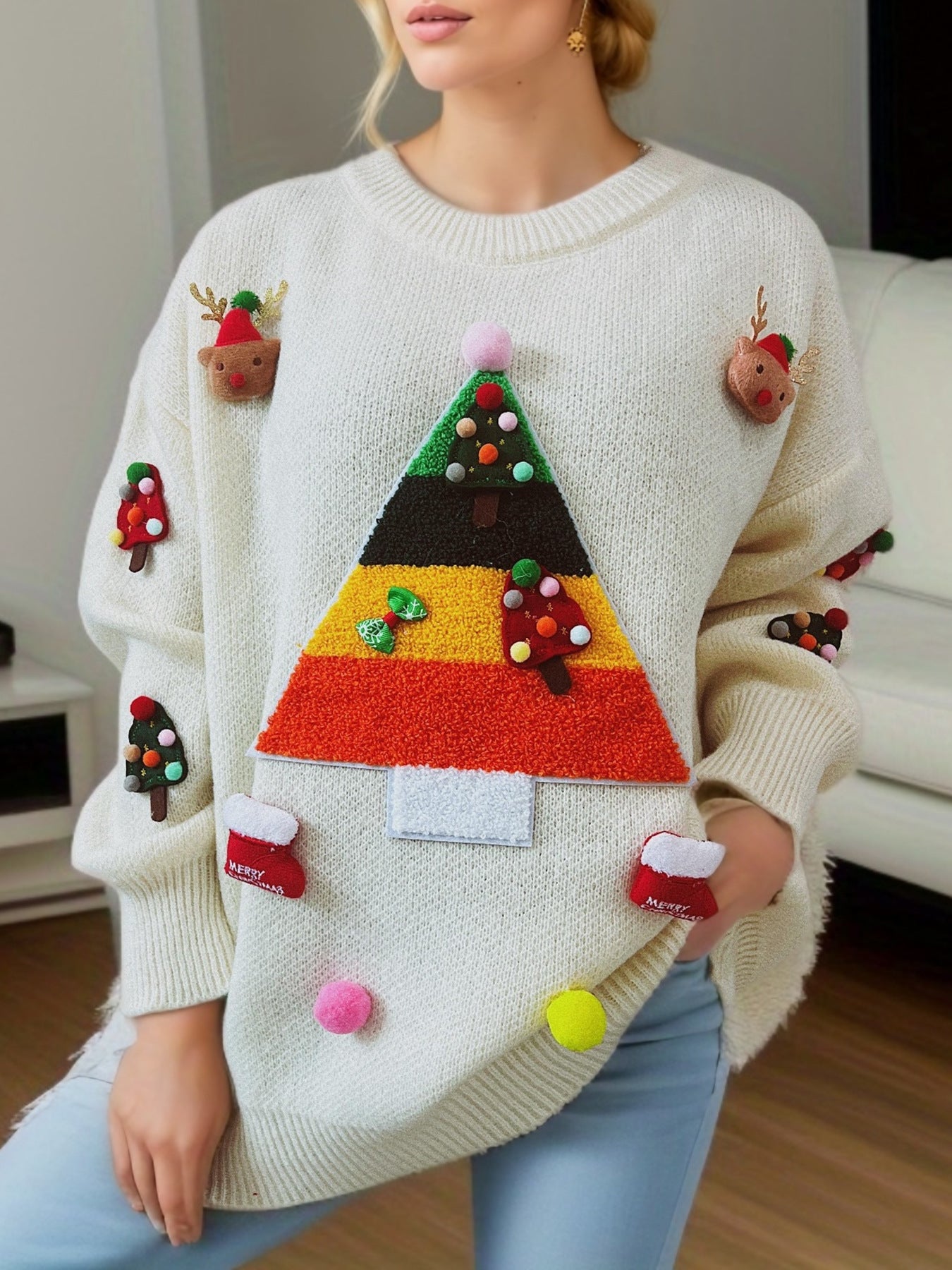 2024New Christmas Wear Match Sweater Cute Christmas Tree Decorative Top