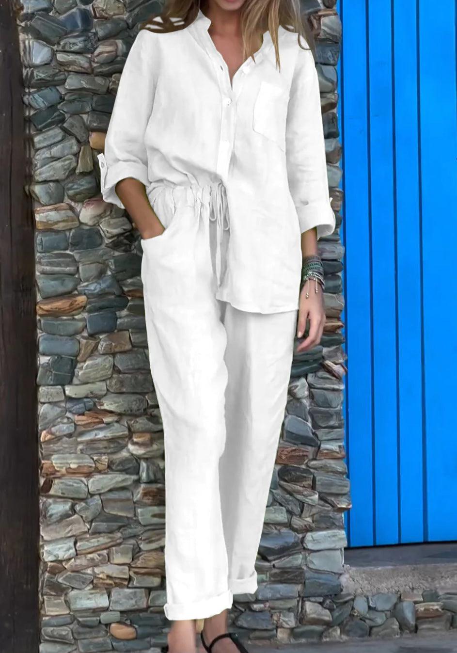 Casual Solid Color V-Neck Shirt & Pants Cotton Linen Two-Piece Set - Seldom Seen Styles
