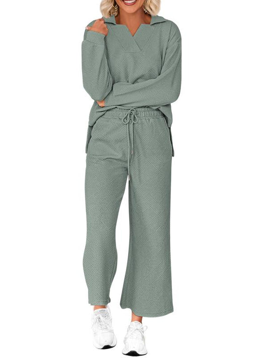 Women 2-Piece Outfit 2025 Fall Winter Lapel V Neck Long Sleeve Pullover and Wide Leg Pants Lounge Sets Pockets #Outdoorfun - Seldom Seen Styles