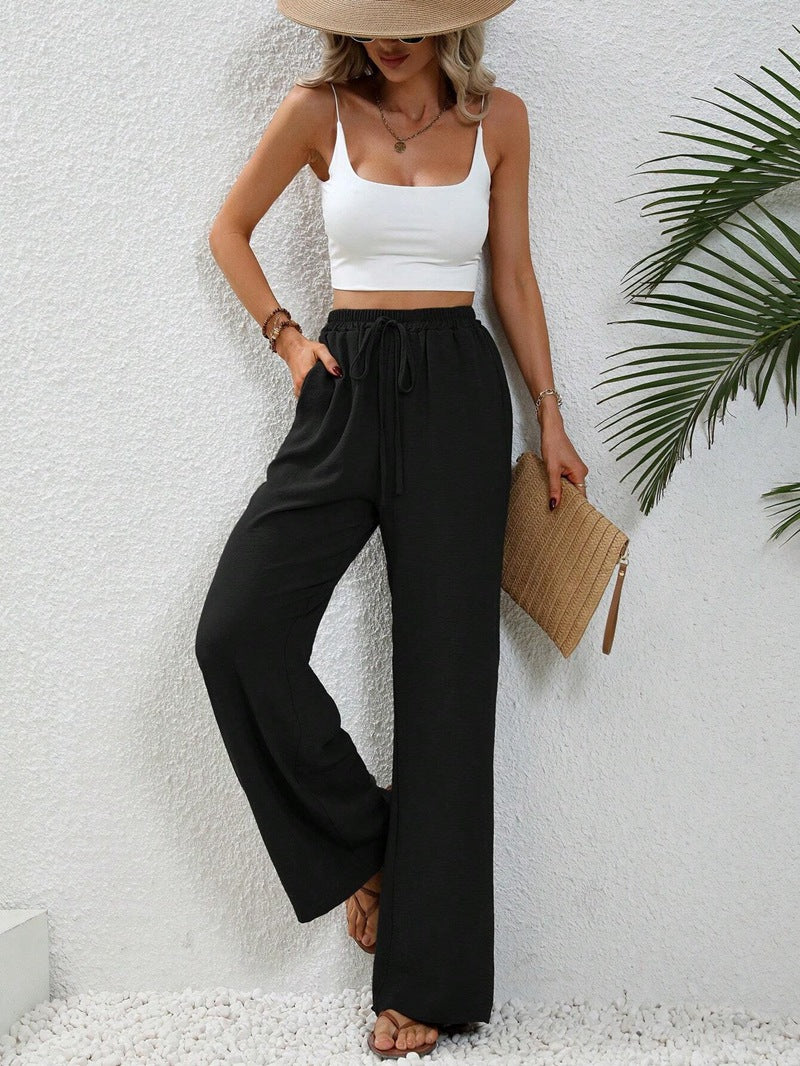 Wide Leg Pants for Women Elastic Waist Drawstring Palazzo Pants Lounge Pants with Pockets Loose Straight Leg Trousers - Seldom Seen Styles