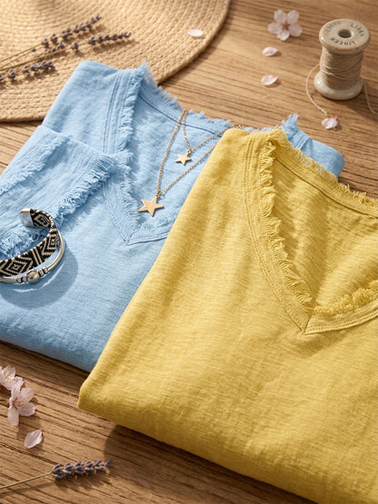 Women's Vintage Frayed V-Neck Linen Cotton Short Sleeve Top Casual Boho Summer Beach Vacation Outfit