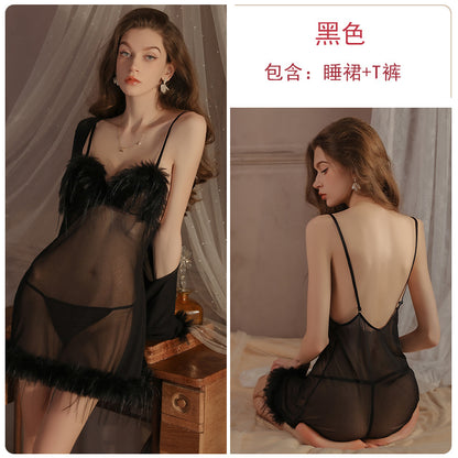 Womens Sexy 3 Piece Fuzzy Lingerie Set Transparent Tulle Nightshirt With Robe and G-String