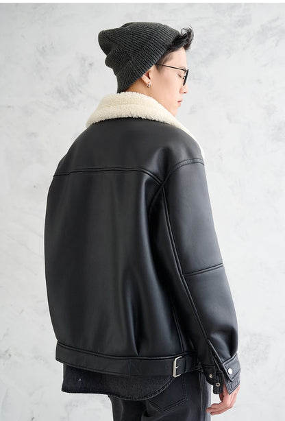 [PU leather composite imitation lamb wool collar] Winter fur integrated thickened thermal leather jacket jacket men