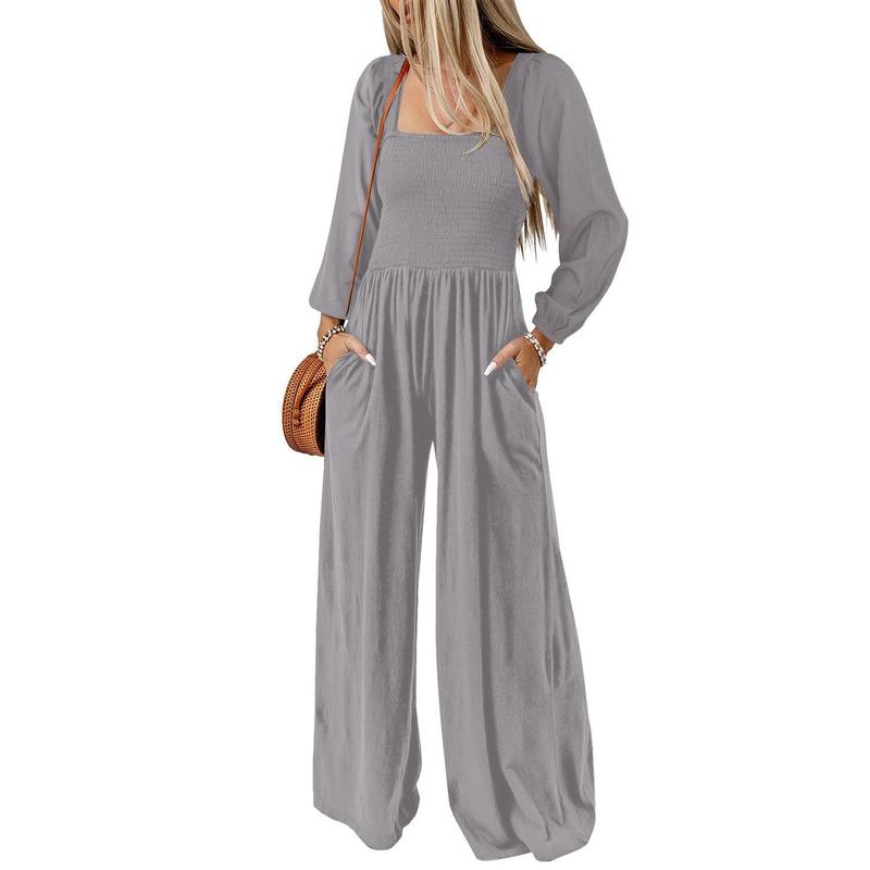Women's Plain Ruched Shirred Pocket Wide Leg Jumpsuit, Casual Bishop Sleeve Square Neck Jumpsuit for Spring & Fall, Ladies Clothes for Daily Wear - Seldom Seen Styles
