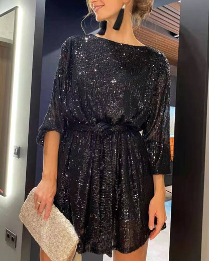 Elegant Sequin Party Dress for Women - Sparkling Long Sleeve, Round Neck with