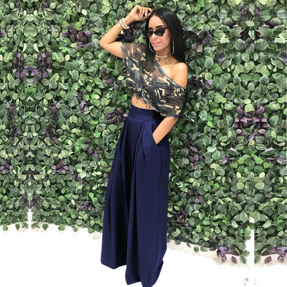 Women's Plain Plicated Pocket Wide Leg Pants, Casual Comfy High Waist Trousers for Summer, Ladies Bottoms for Daily Wear