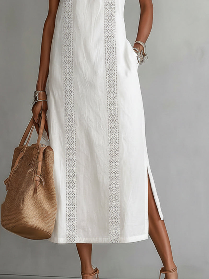 White Sleeveless Linen Midi Dress With Lace Insets And Side Slit - Seldom Seen Styles