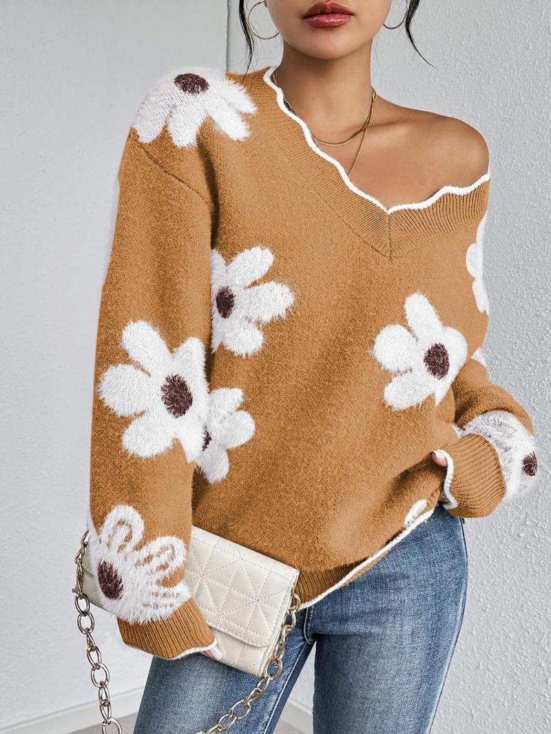 Women's Floral Pattern Scallop Trim Drop Shoulder Sweater, Casual Long Sleeve V Neck Jumper for Fall & Winter, Fashion Ladies' Knitwear for Daily Wear - Seldom Seen Styles