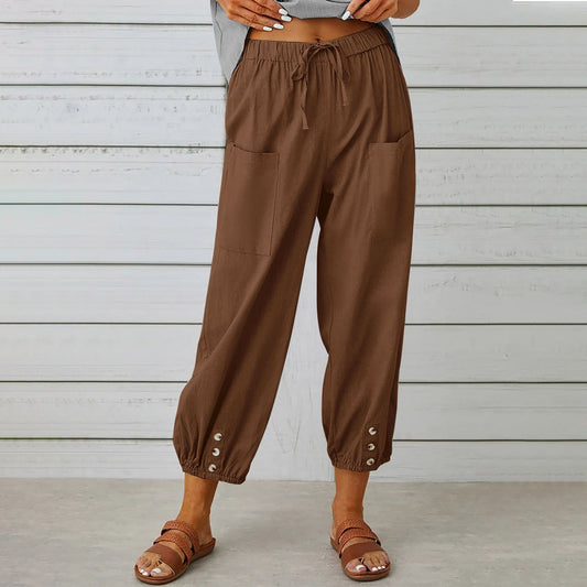 Women's Capri Pants High Waist Drawstring Cinch Bottom with Button Cotton Loose Casual Trouser with Pockets - Seldom Seen Styles