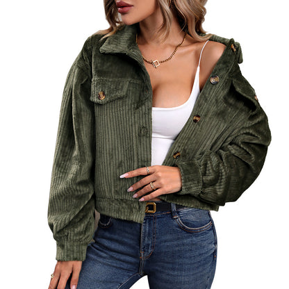 Women's Cropped Corduroy Jacket Button Down Long Sleeve Fuzzy Fleece Oversized Outerwear Shacket Coat