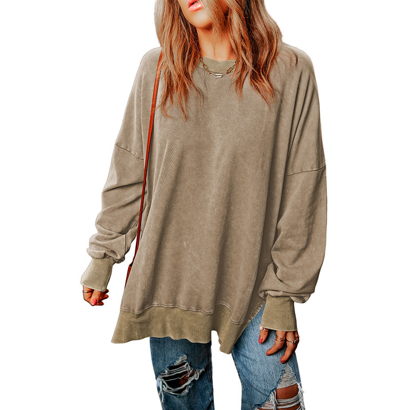 Autumn New Pure Color round-Neck Pullover Women's European and American Leisure Style All-Match Super Long Flab Hiding Long-Sleeved Top for Women