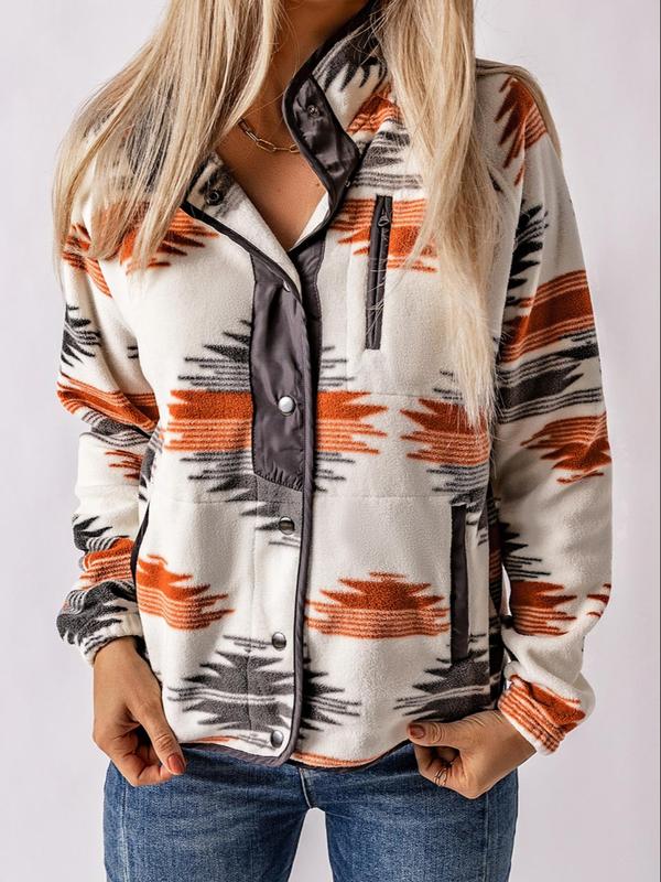 Women's Geometric Print Pocket Button Front Zipper Polar Fleece Spring Jacket, Casual Stand Collar Long Sleeve Coat for Fall & Winter, Women's Clothes for Daily Wear, Jackets & Coats, Fall Outfits, Fall Clothes, Preppy 80s Clothes - Seldom Seen Styles
