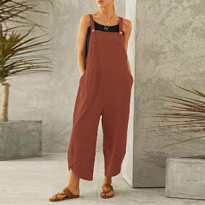 Women's Sleeveless Cotton Linen Overalls Rompers Baggy Wide Leg Jumpsuits