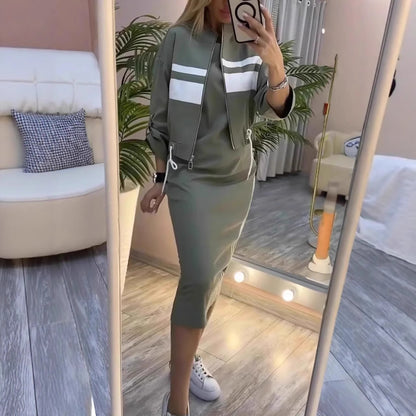Olive Green Two Piece Skirt Set for Women – Casual Chic Midi Dress with Zip-Up Long Sleeve Jacket
