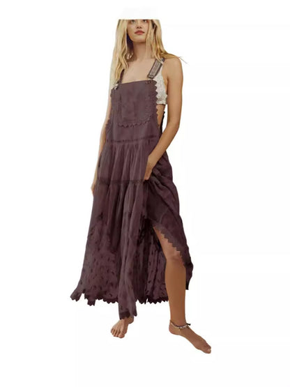 Women's Summer Laced Embroidered Tulle Bib Beachwear Dress Casual Comfortable Loose Adjustable Straps Maxi Dress Fabric Womenswear - Seldom Seen Styles